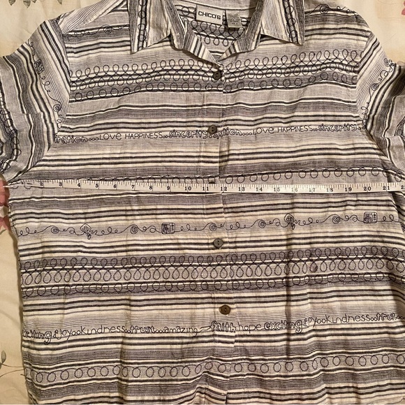 Chicos Linen Shirt Size 2 (12/14) Embroidered Button Up Inspirational 3/4 sleeve - Picture 10 of 15